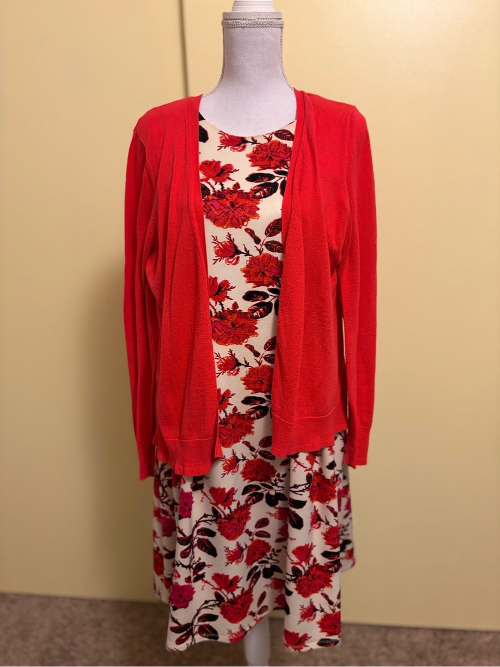 Dorothy Perkins Coral-Red Flowered Dress with Matching Old Navy Women's Cardigan